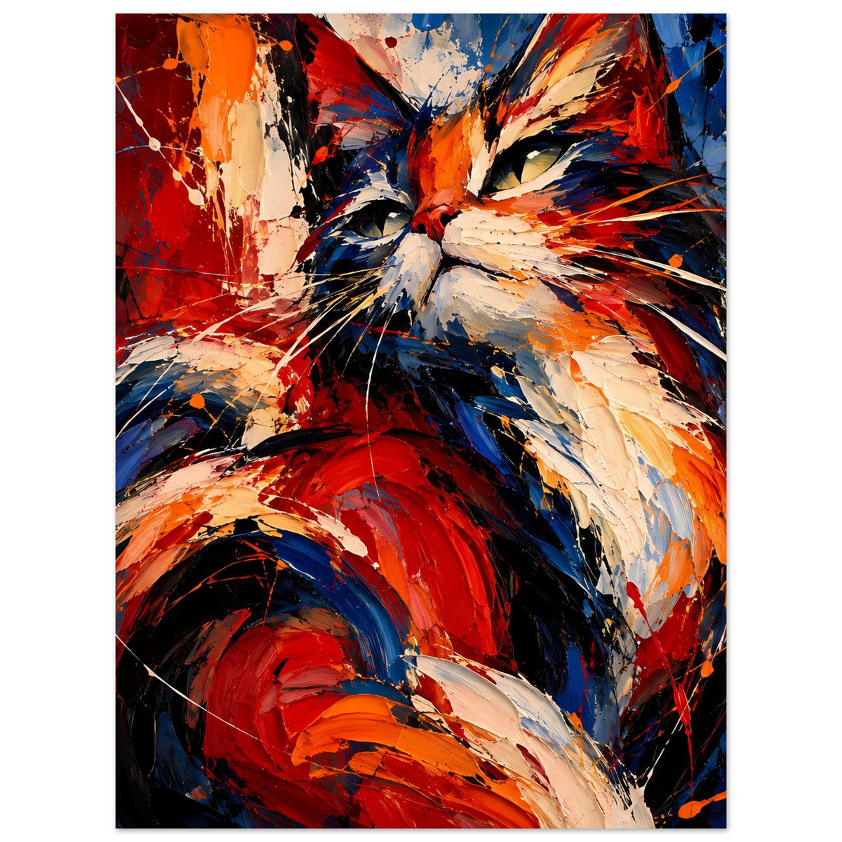 Hochformatiges abstraktes Katzenposter, kontrastreiches Katzenkopf-Motiv in Rot und Blau