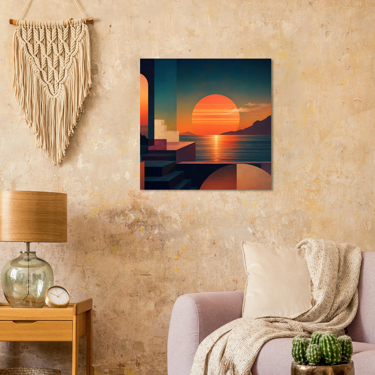Gerahmter quadratischer Kunstdruck, Küste mit spiegelndem Wasser und orange-rotem Sonnenball