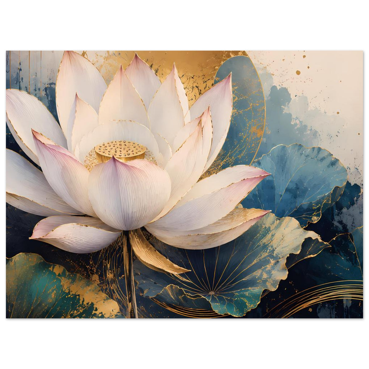 Lotusblumen-Poster mit weißer Lotusblüte, goldfarbenen Akzenten und blauem Seerosenmuster