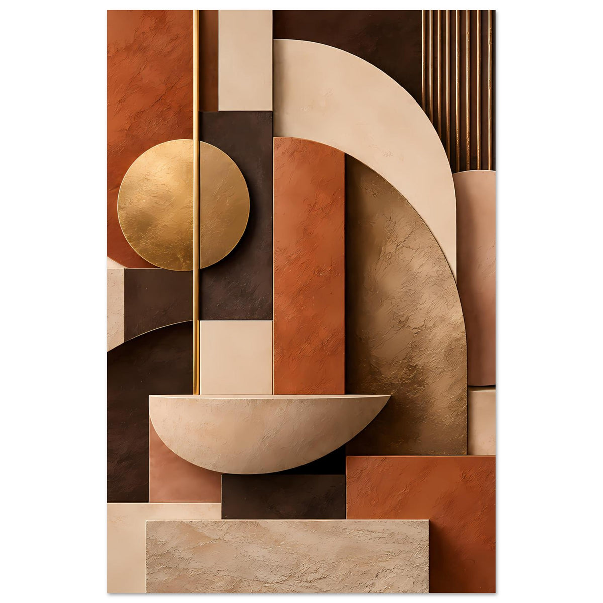 Kunstposter mit geometrischer Komposition aus Terrakotta-, Beige- und Goldtönen