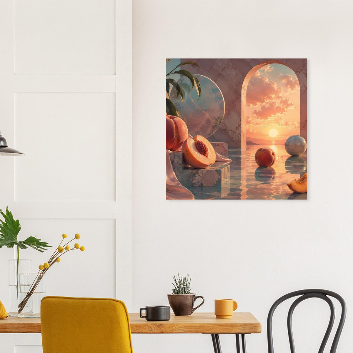 Gerahmtes Poster mit Pfirsich-Stillleben: Rundbogenfenster und Sonnenuntergang