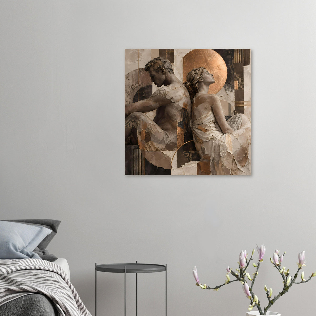 Kleines Kunstposter mit zwei sitzenden Figuren, warmes Erdton-Palettenmotiv mit Goldkreis