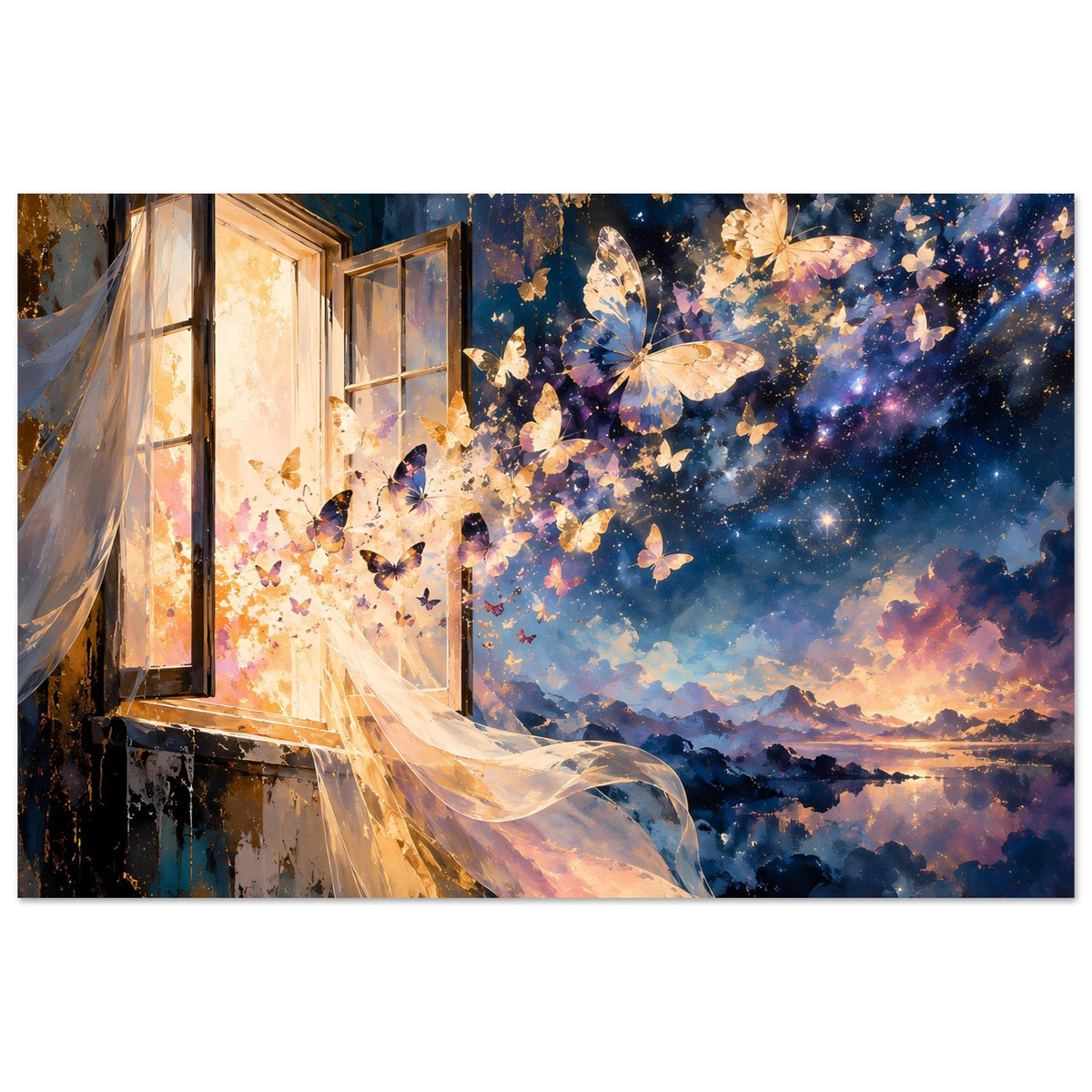 Kunstposter Panorama mit wehender Stoffbahn, Schmetterlingen und Sternenhimmel über Wolken