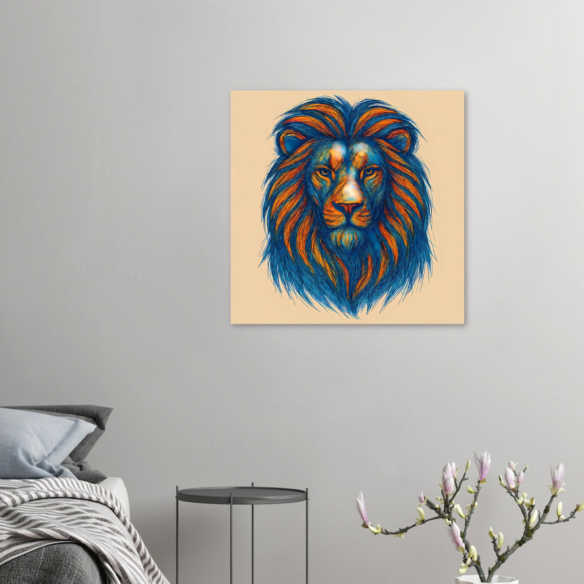 Kleines Poster mit Löwenkopf in Blau und Orange, zentriert und gerahmt wirkend