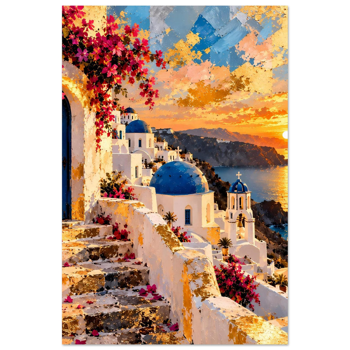 Poster mit weißem Häuserensemble, blauer Kuppel, bunten Blumen am Balkon und Meer