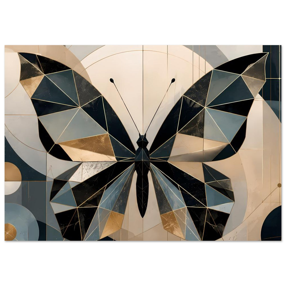 Poster-Ansicht: geometrischer Schmetterling in Petrol und Gold mit schwarzen Akzenten