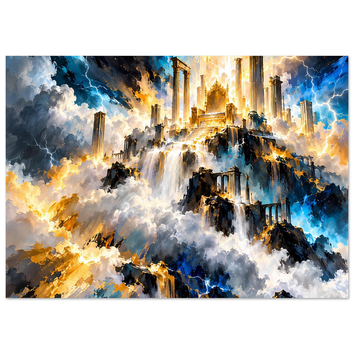 Fantasy-Poster quer: Ruinenstadt mit Wasserfällen, goldene Strahlen, blaue Gewitterwolken und Rauch