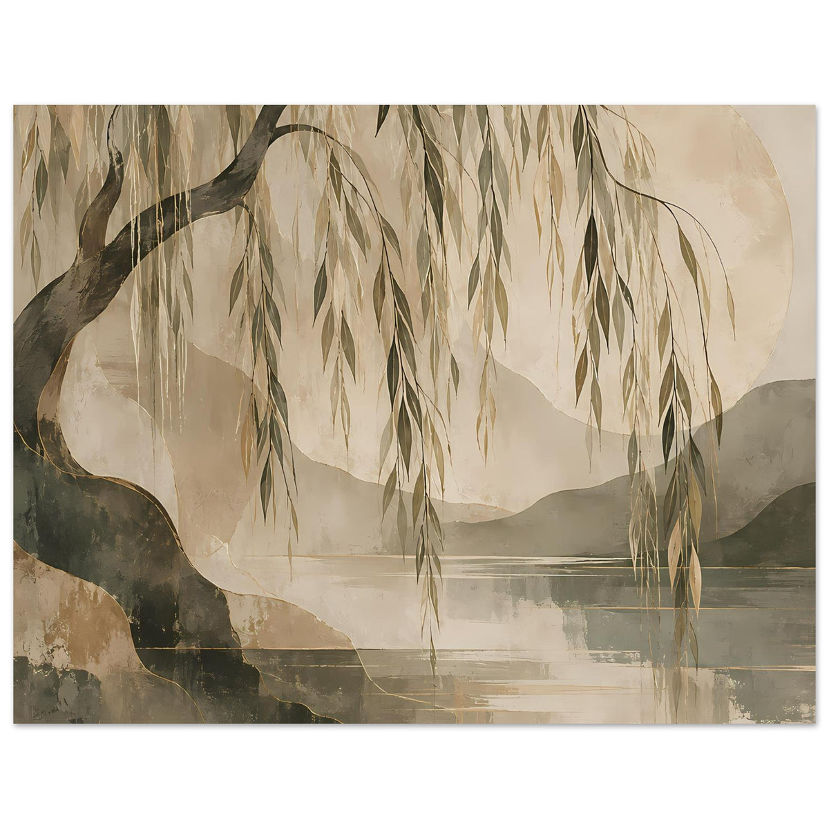 Horizontales Willowbaum-Kunstposter mit hängenden Blättern in Beige-, Grün- und Grautönen