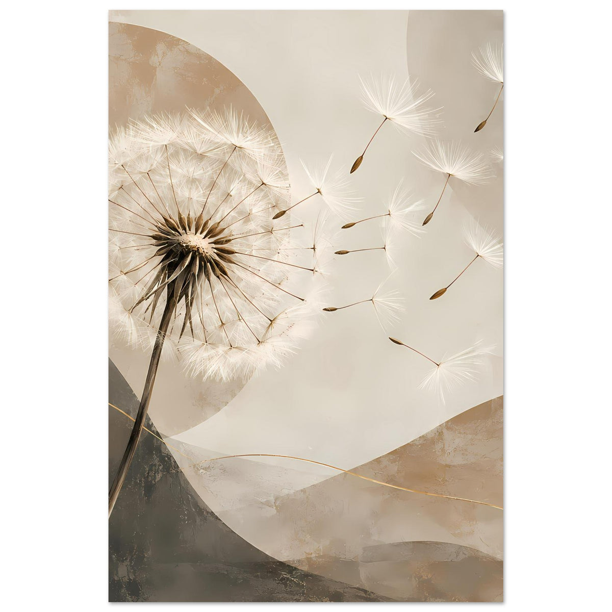 Poster im Hochformat mit Pusteblume, weißen Samen und beige-grauen abstrakten Flächen