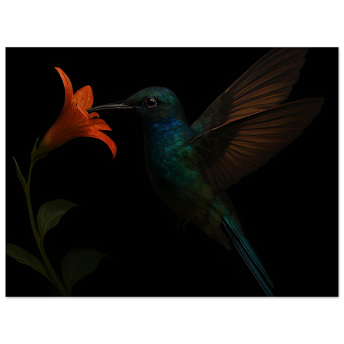 Horizontales Kunstplakat: grüner Kolibri im Flug mit orangefarbener Blüte