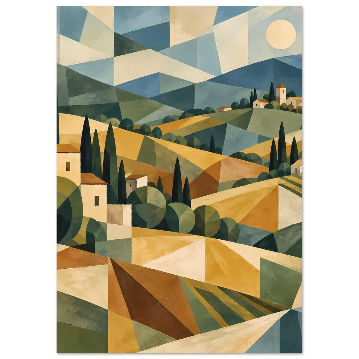 Poster mit geometrischem Landschaftsmotiv in warmen Farben, Zypressen und Bergdörfern