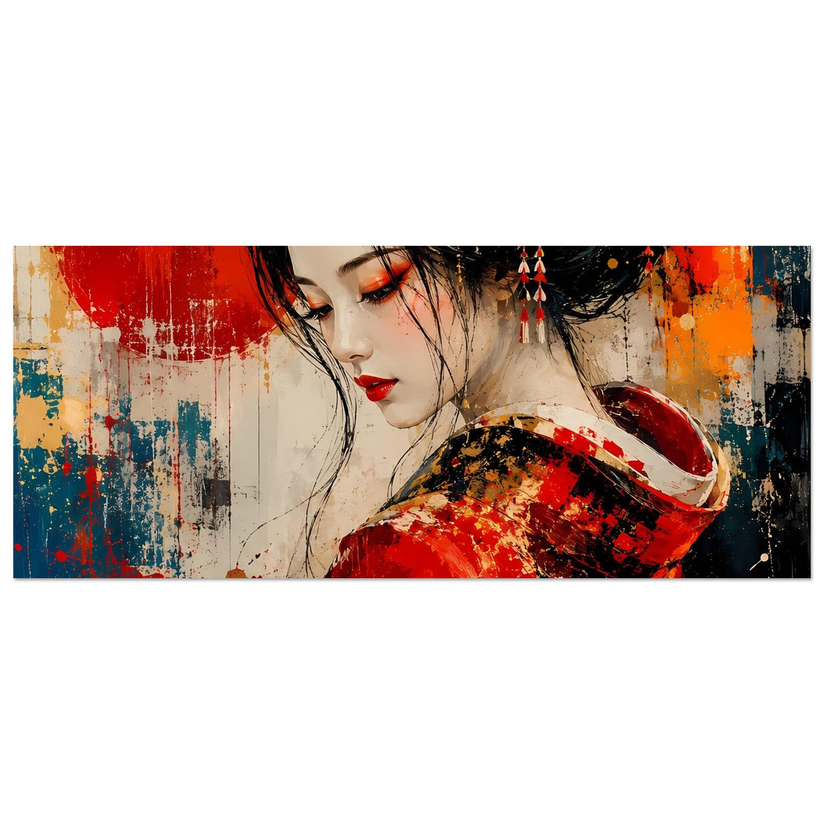 Japanisches Geisha-Poster (quer): Gesicht und roter Kimono mit goldenen Akzenten