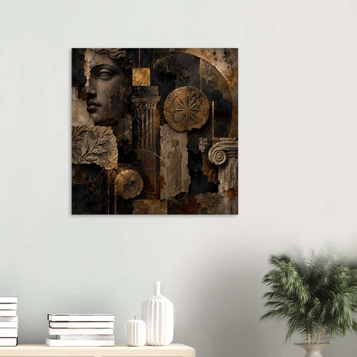Wandposter mit antiker Büste, Medaillon und Säulenornamenten in Bronze- und Schwarztönen