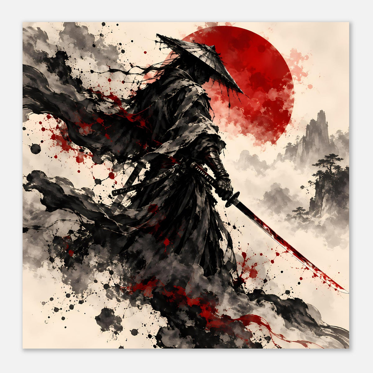Kunstdruck im Querformat: Samurai-Krieger mit Katana, schwarzer Umhang, rote Sonnenscheibe