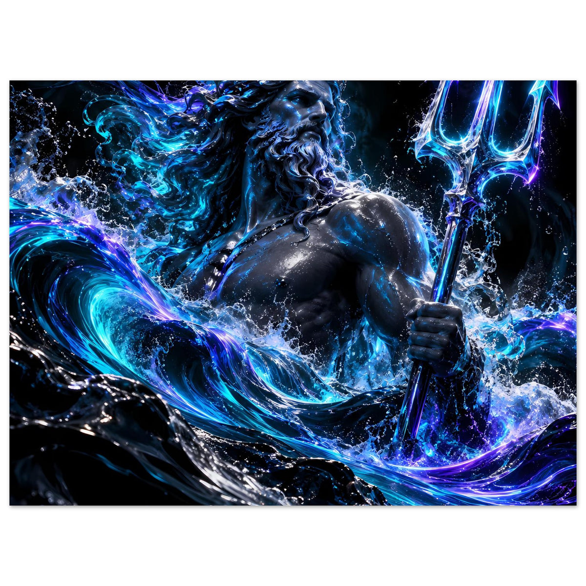 Querformat-Poster: Poseidon mit Dreizack, leuchtende blaue Wasserwirbel und Sprühpartikel