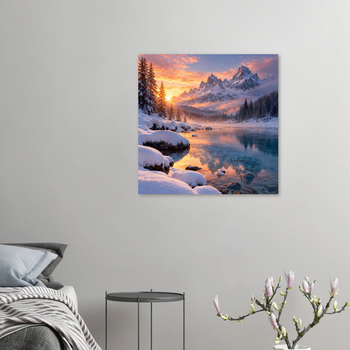 Kleines Winterlandschaft-Poster mit verschneiten Bergen, Fluss und Sonnenaufgang, quadratisch