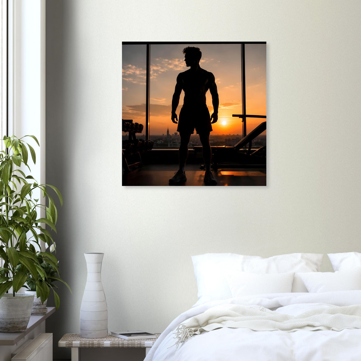 Fitness-Poster mit Sportler-Silhouette, Skyline im Sonnenuntergang, schwarz gerahmt