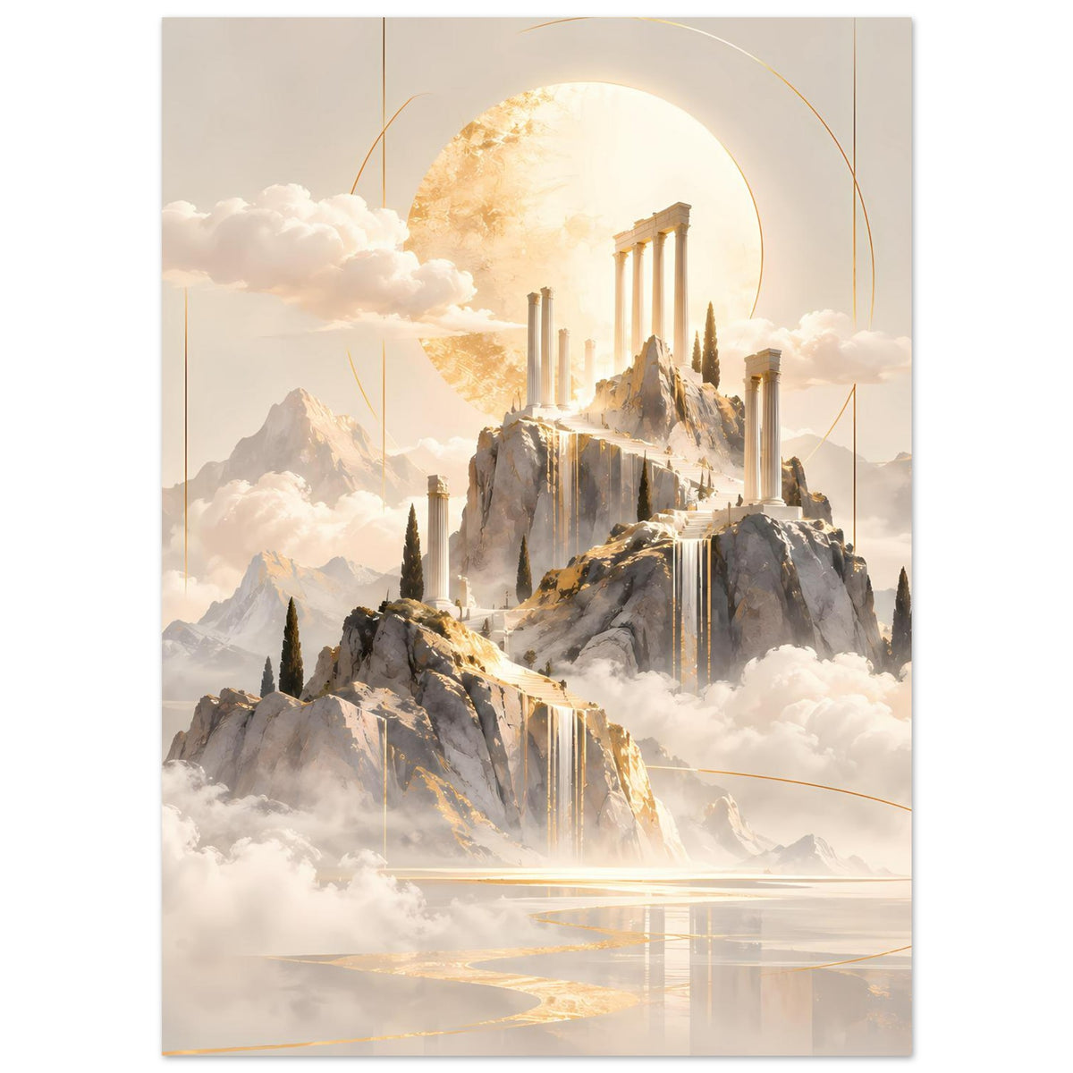 Vertikales Poster mit Tempel-Motiv: goldener Ring, Säulen und Berge in Pastelltönen