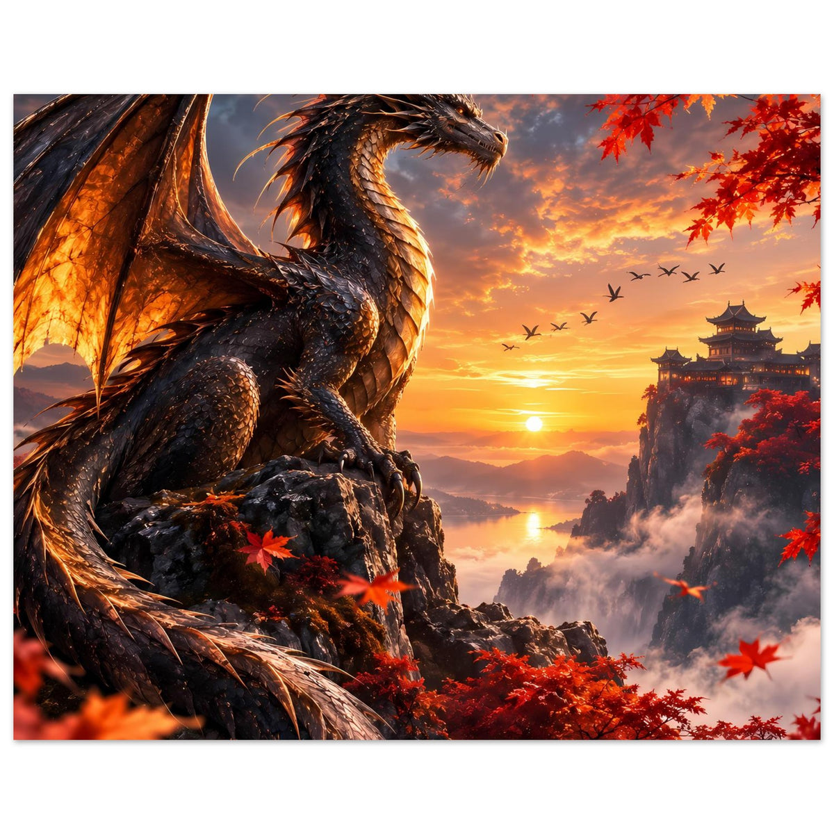 Poster mit seitlich gerichtetem Drachen, rote Blätter im Vordergrund, Tempelturm im Sonnenuntergang.