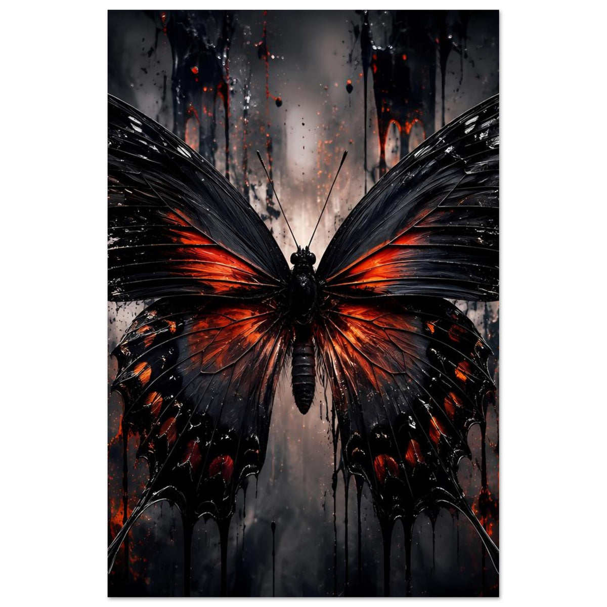 Schmetterlingsposter mit großem Flügelmotiv in Schwarz und Orange, flächig mittig