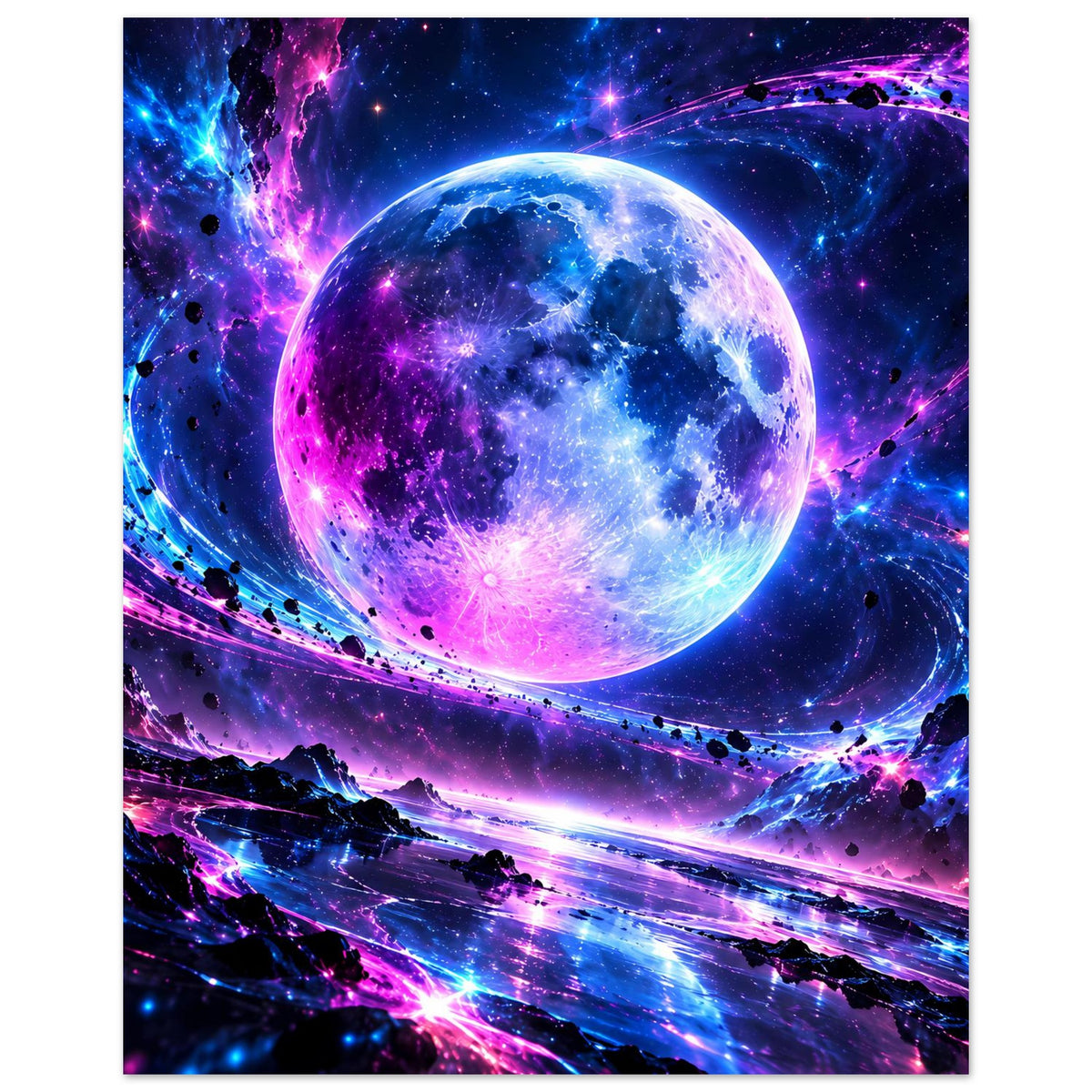Rechteckiges Galaxie-Poster mit großer Planetenkugel, umliegenden Planetoiden im All