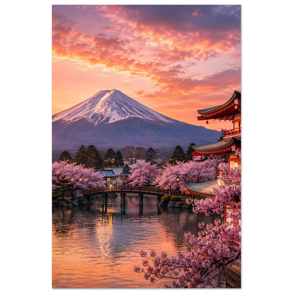 Poster mit Berg Fuji, Kirschblüten und Pagode im Abendhimmel, Hochformat