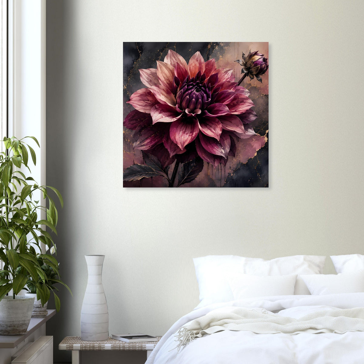 Quadratisches Blumenposter mit lila Dahlie im Zentrum, gerahmt, mit feinen Adern