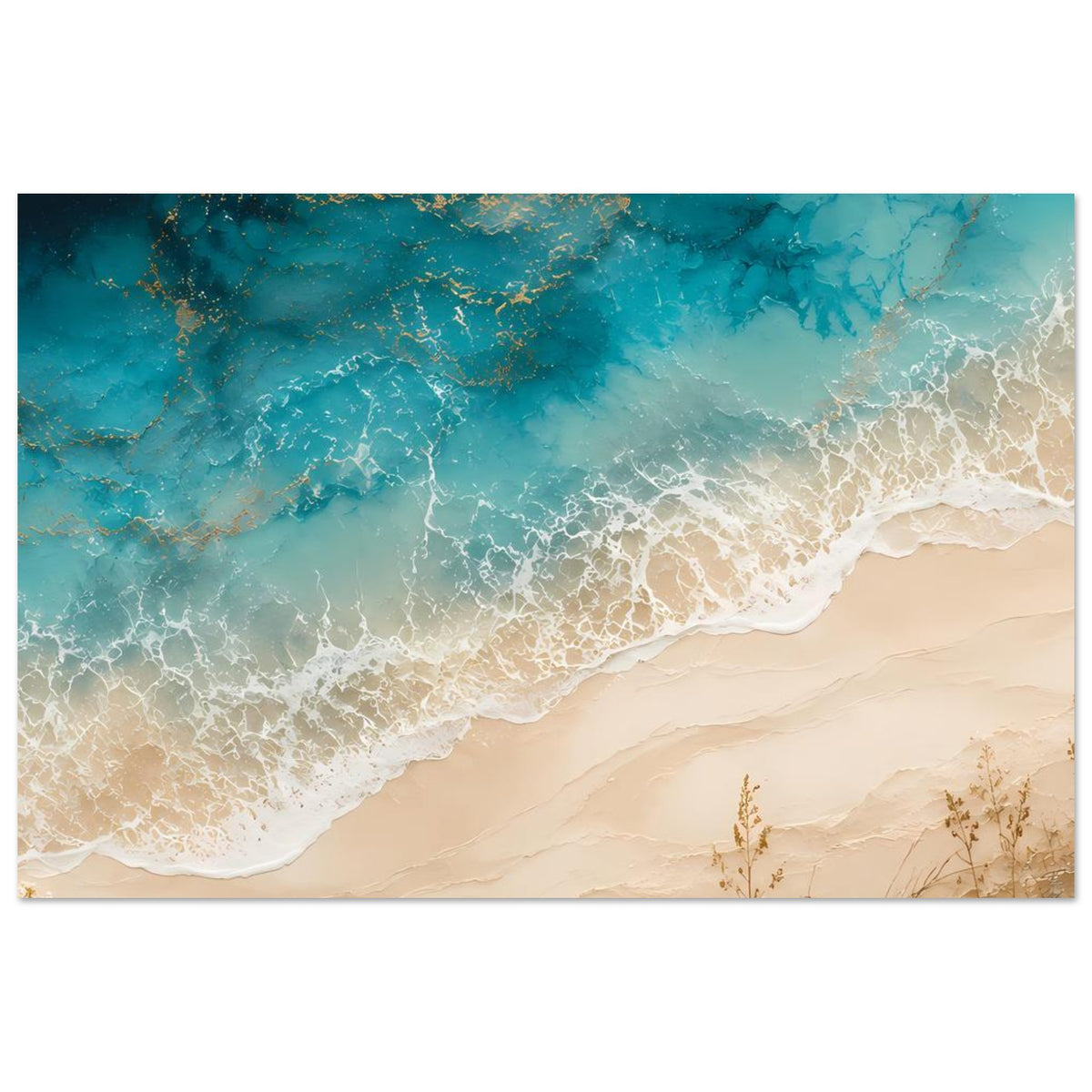 Küstenposter im Querformat: türkisblaues Meer, weißer Wellenschaum und beiger Sandstrand