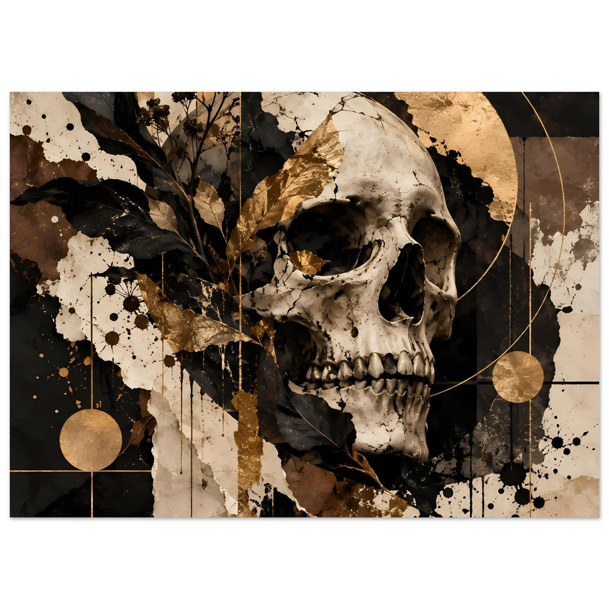 Horizontaler Druck: Totenkopf in Schwarz und Gold mit goldenen Kreisen und Spritzdekor