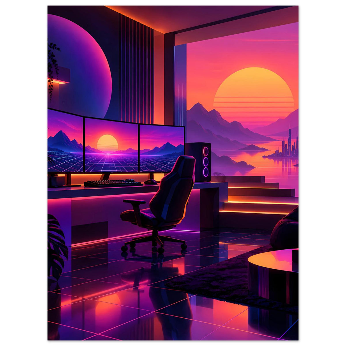 Retro-Neon-Sonnenuntergang-Poster mit Sitzstuhl, Neon-Leuchten, Bergen und orangefarbener Sonne