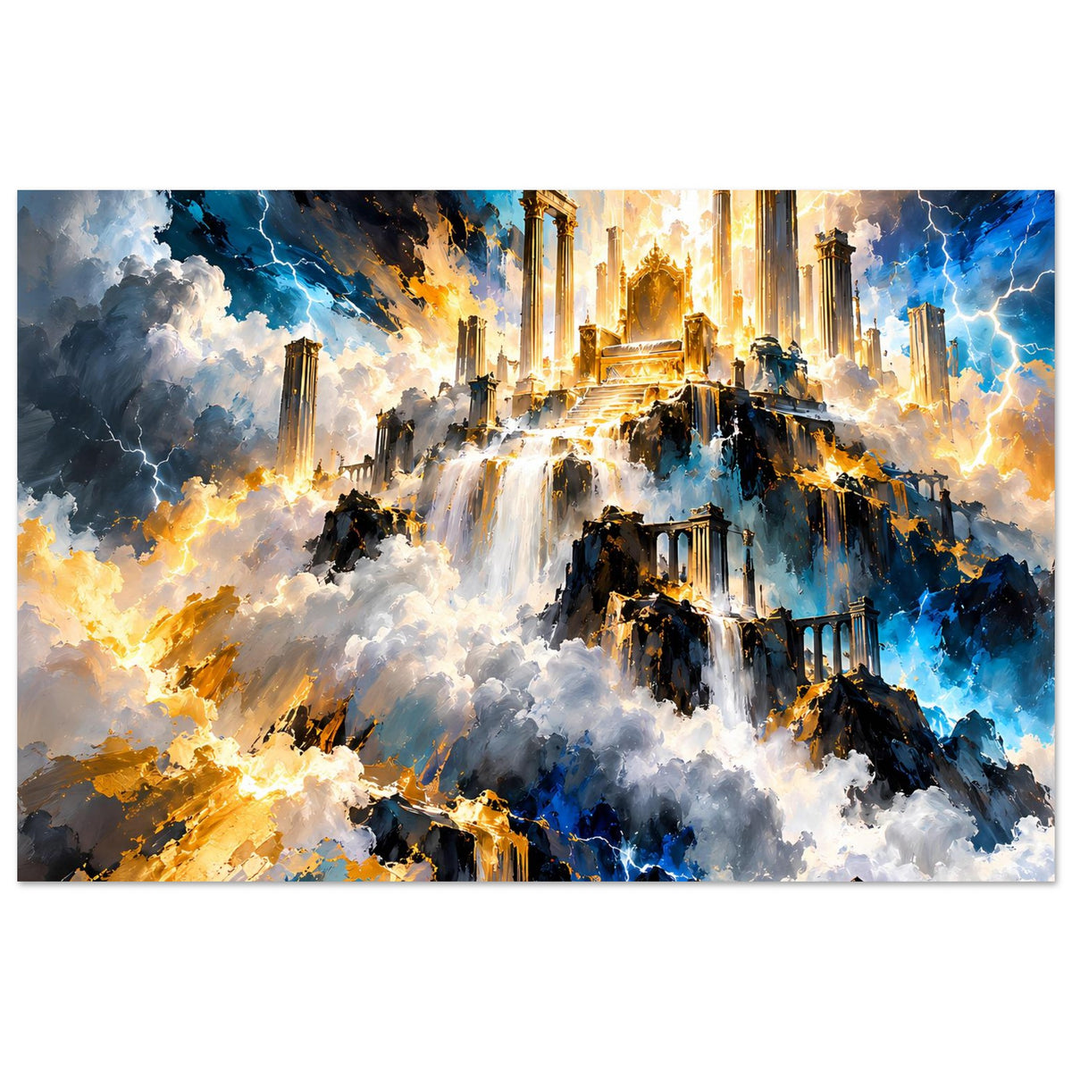 Fantasy-Poster: goldener Tempel im Zentrum, umgeben von blauen Wolken und Wasserfällen