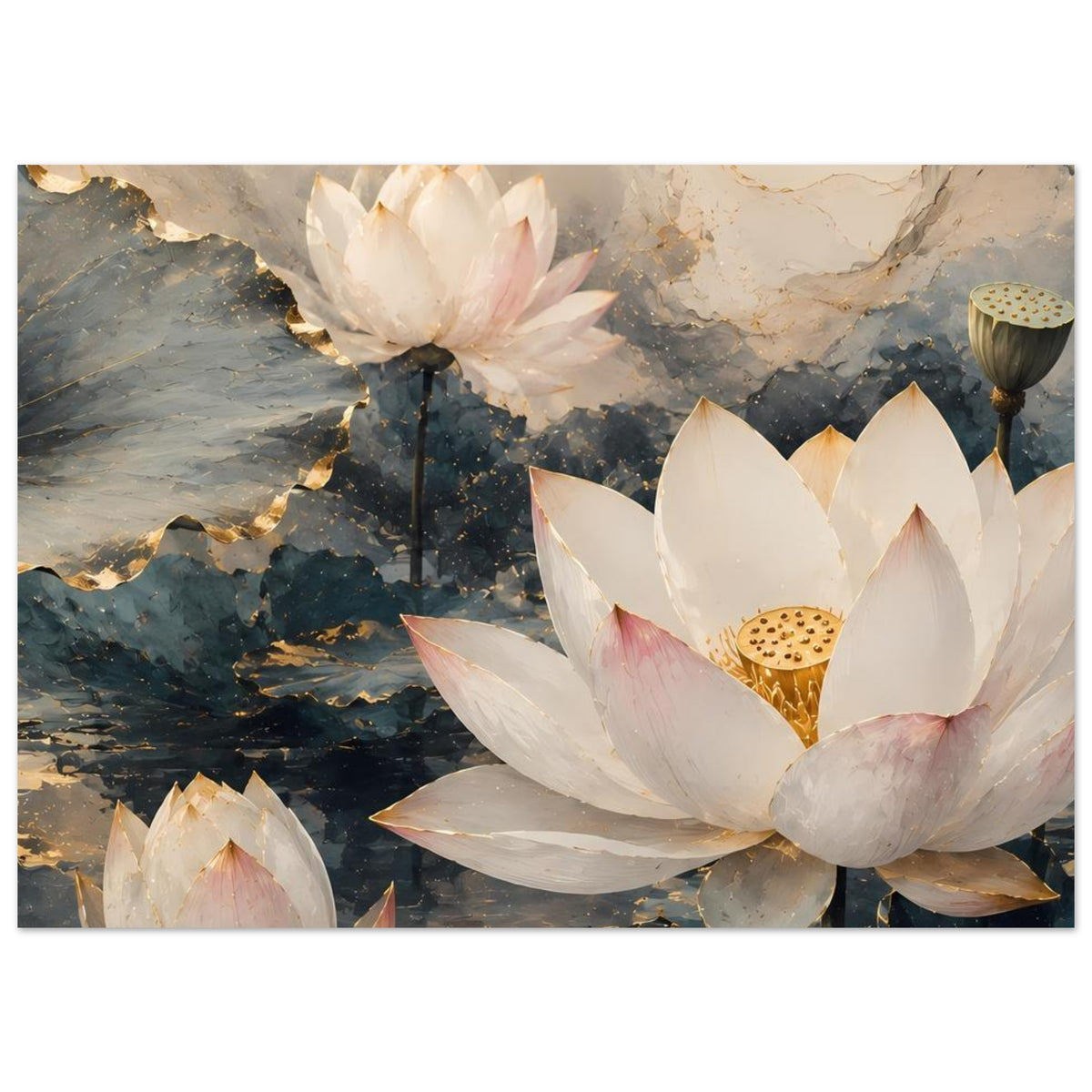 Lotusblumen-Poster, mehrere weiße Lotusblüten mit goldfarbenem Inneren und dunklen Stielen, horizontal