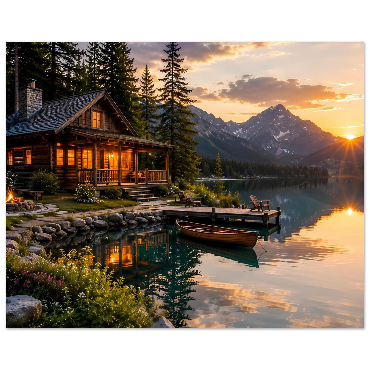 Poster: Holzhaus am See mit Boot, Spiegelung im Wasser und Berge beim Sonnenuntergang.
