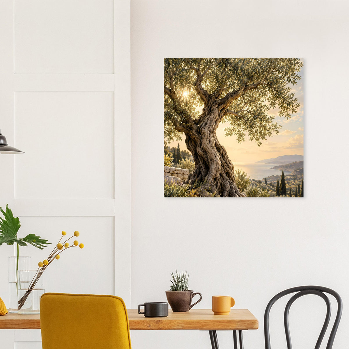 Wandposter mit Olivenbaum und Blick in die Ferne, mediterrane Landschaft im Abendlicht