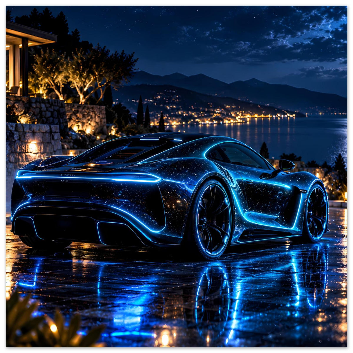 Neon-blaues Autoposter bei Nacht, Sportwagen mit leuchtendem Rand und Reflexion