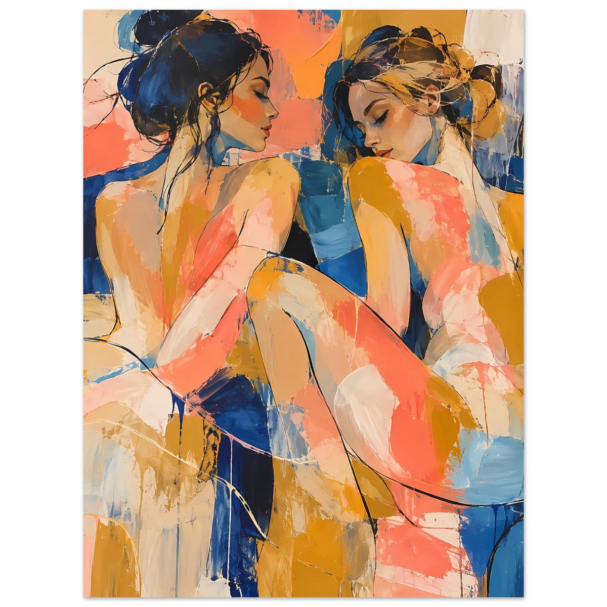 Kunstposter mit abstraktem Figurenpaar: zwei Frauen in Blau und Koralle, gemischte Pinseltexturen.