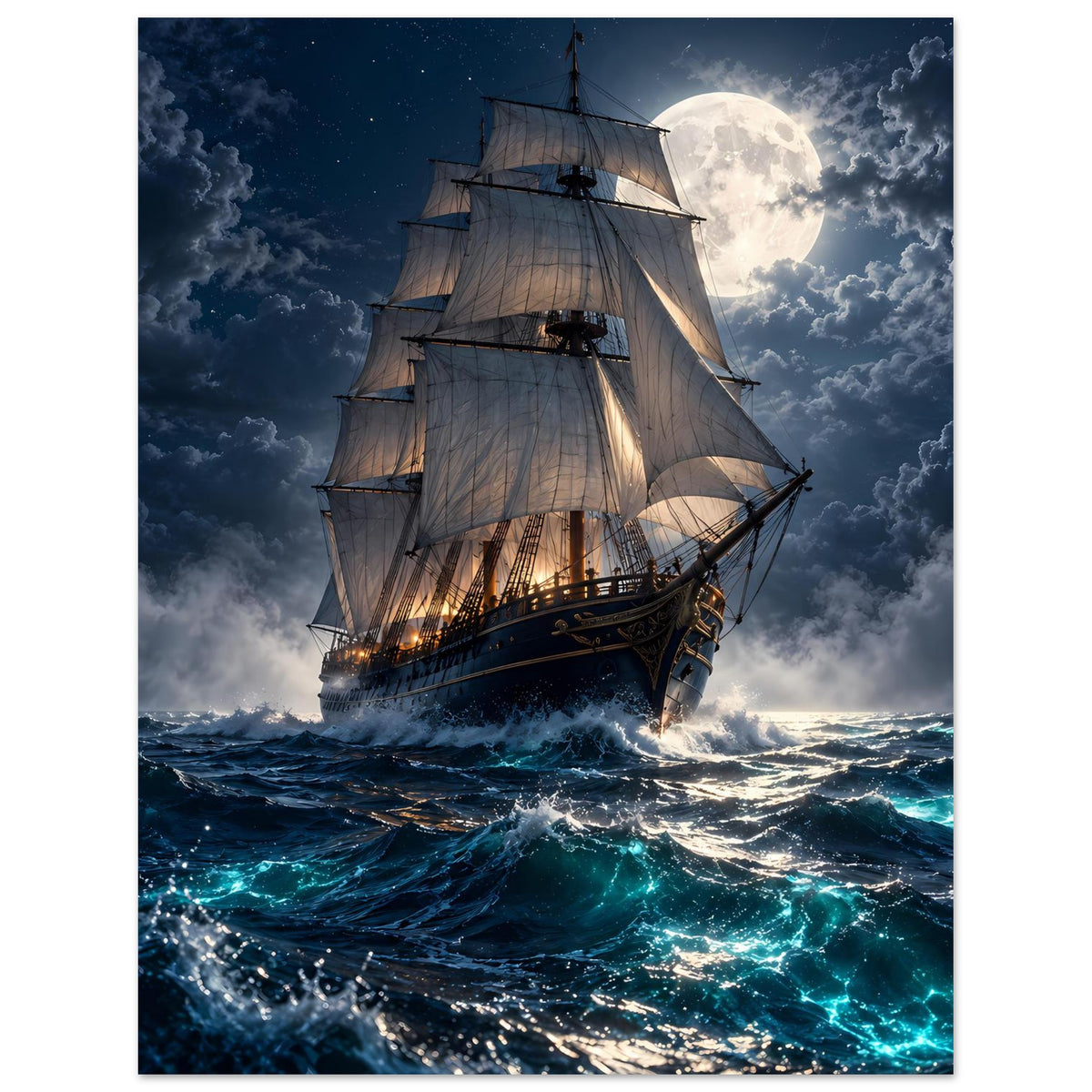 Poster im Hochformat: Segelschiff bei Vollmond vor Wolken über türkis funkelnden Wellen