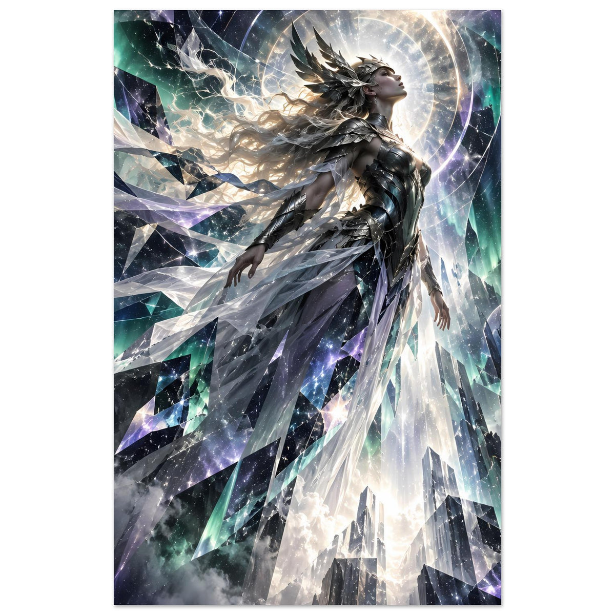 Fantasy-Poster, ganzer Krieger im Profil: silbrige Rüstung, Flügel, Ringe aus Licht und Sterneffekt
