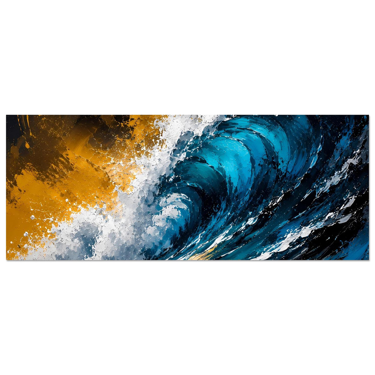 Meer-Wellen-Poster im Querformat mit schwarzem Rand, blaue Welle und goldene Akzente