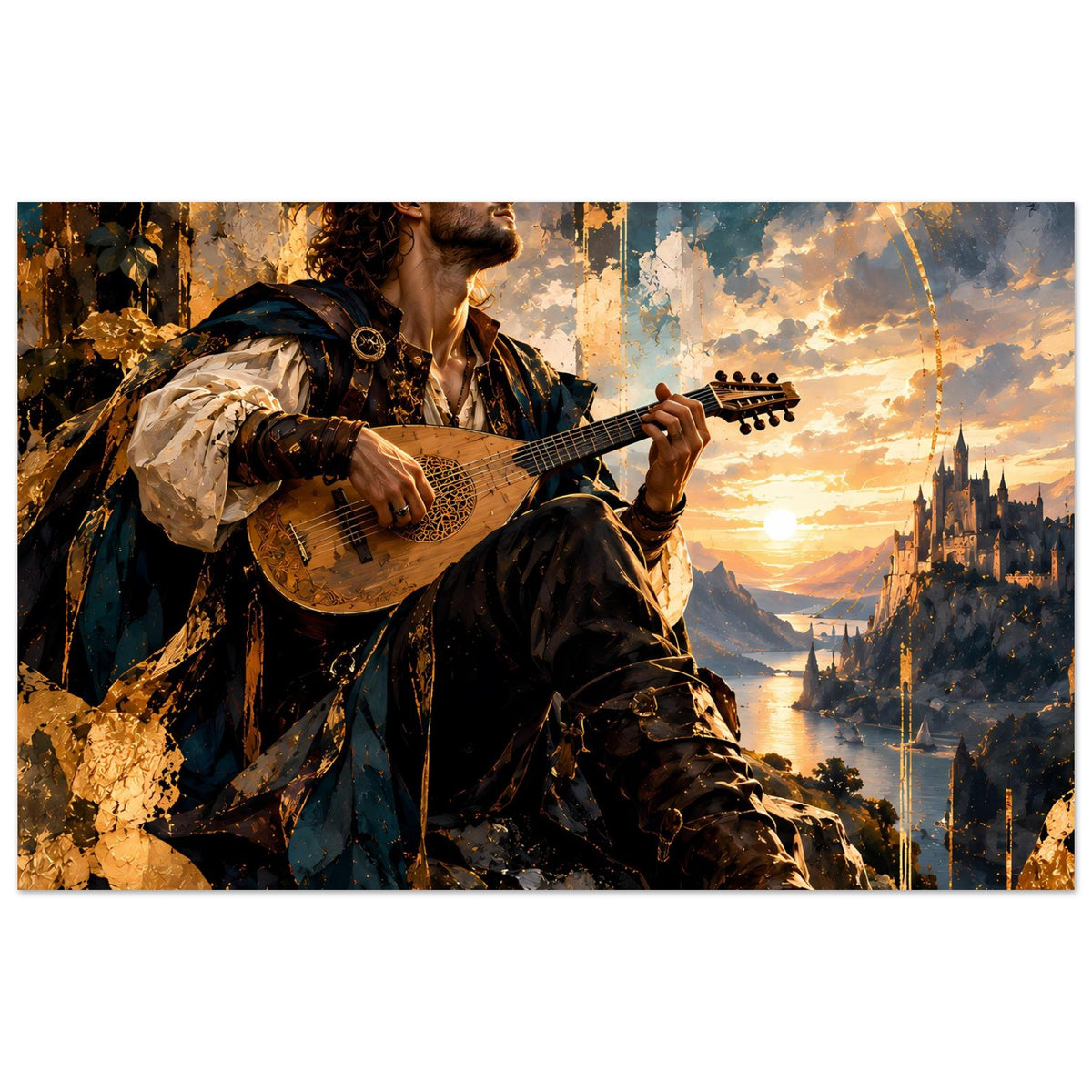 Horizontales Poster mit Fantasy-Barde, Gitarre in der Hand, Sonnenuntergang über Ruinenburg