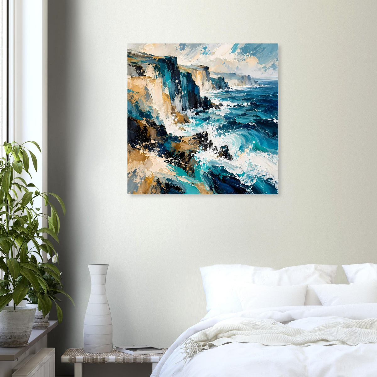 Quadratisches Poster mit Küstenwellen: türkisblaues Meer, beige und dunkelblau