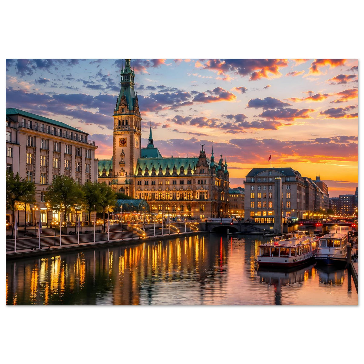 Hochformat-Poster mit Dom, Gebäuden am Ufer und Reflexionen im Abendlicht