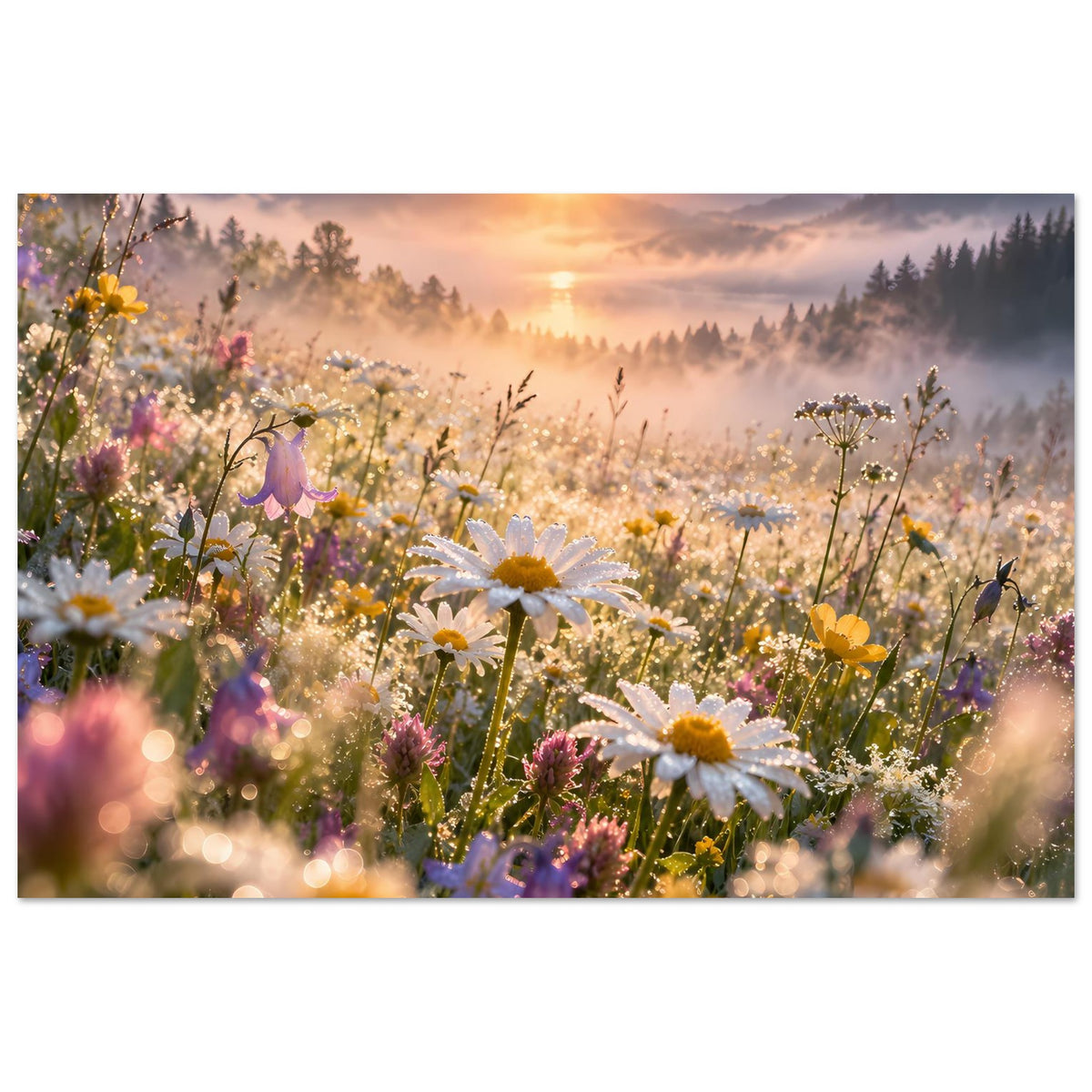 Wandposter mit bunten Wiesenblumen, gelb-weiße Blüten und rosa Farbtupfern, Sonnenlicht