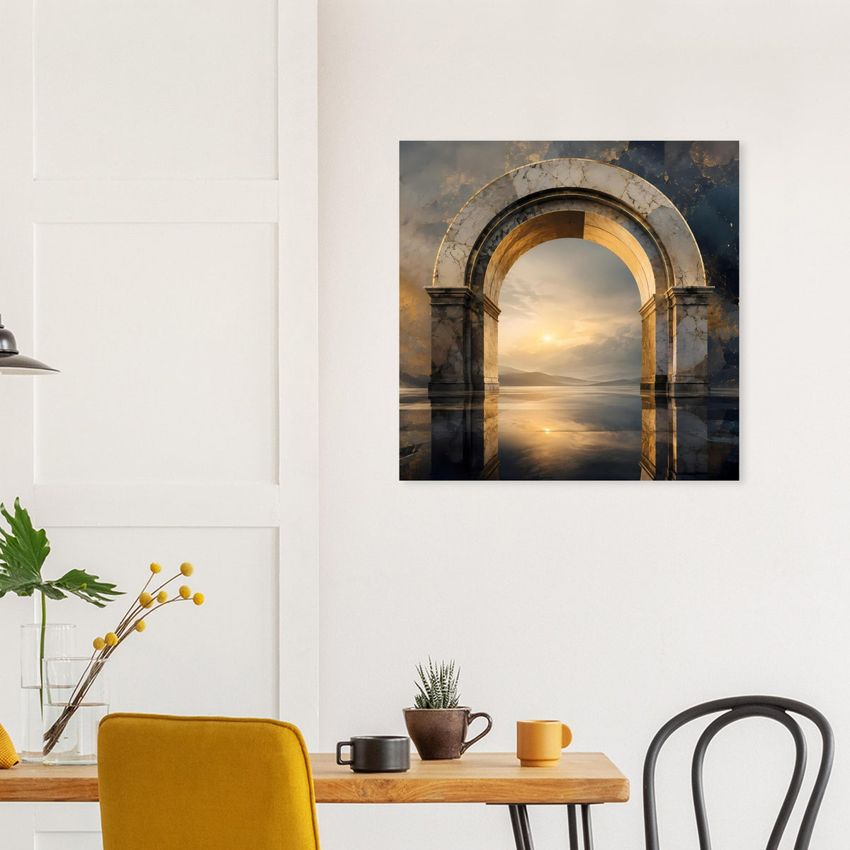 Gerahmtes Poster an der Wand: antiker Marmorbogen über Meerlandschaft mit Lichtreflexen