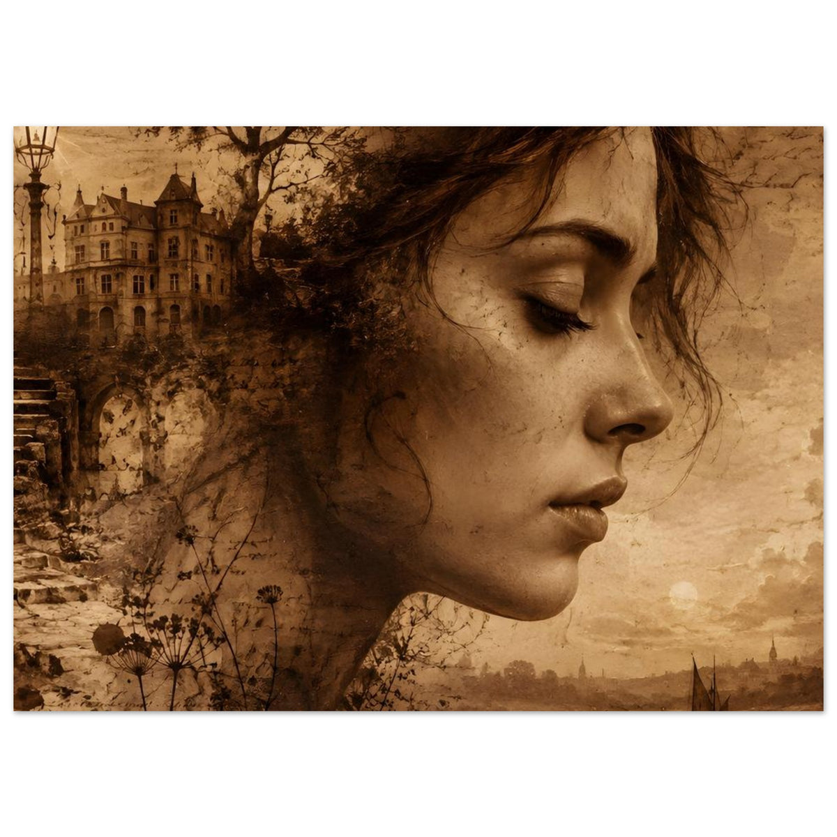 Sepia-Fantasy-Poster, Frauenprofil mit geschlossenen Augen und Stadtkulisse links