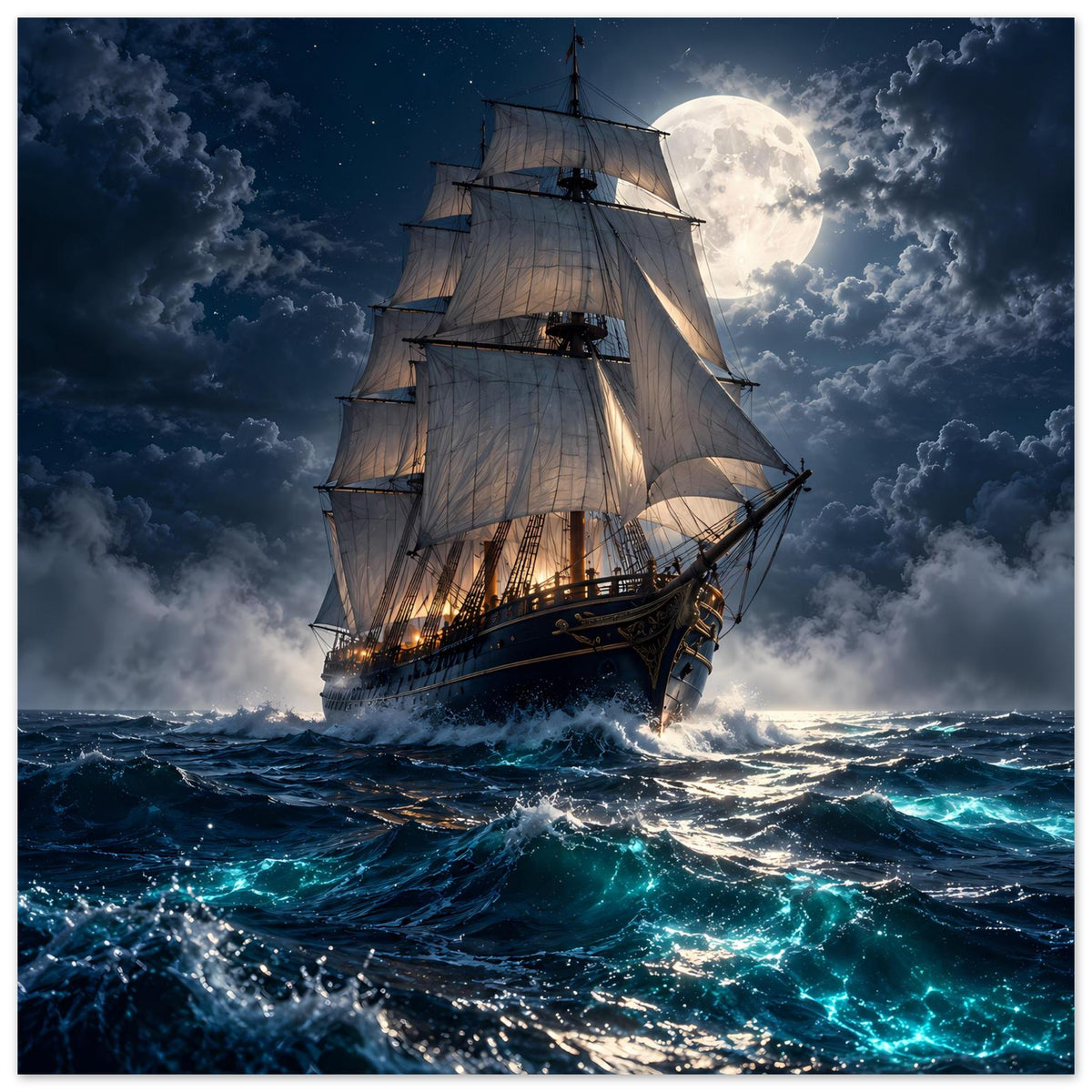 Segelschiff-Poster, Segelboot vor Vollmond über blauem Meer mit Schaum