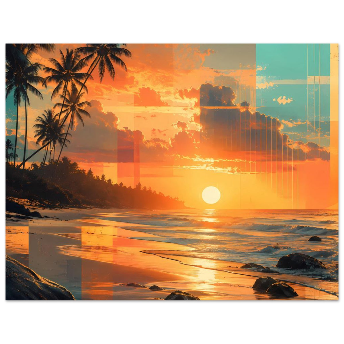 Beachdruck-Poster im Querformat: Palmen, Strand und untergehende Sonne mit reflektierendem Wasser