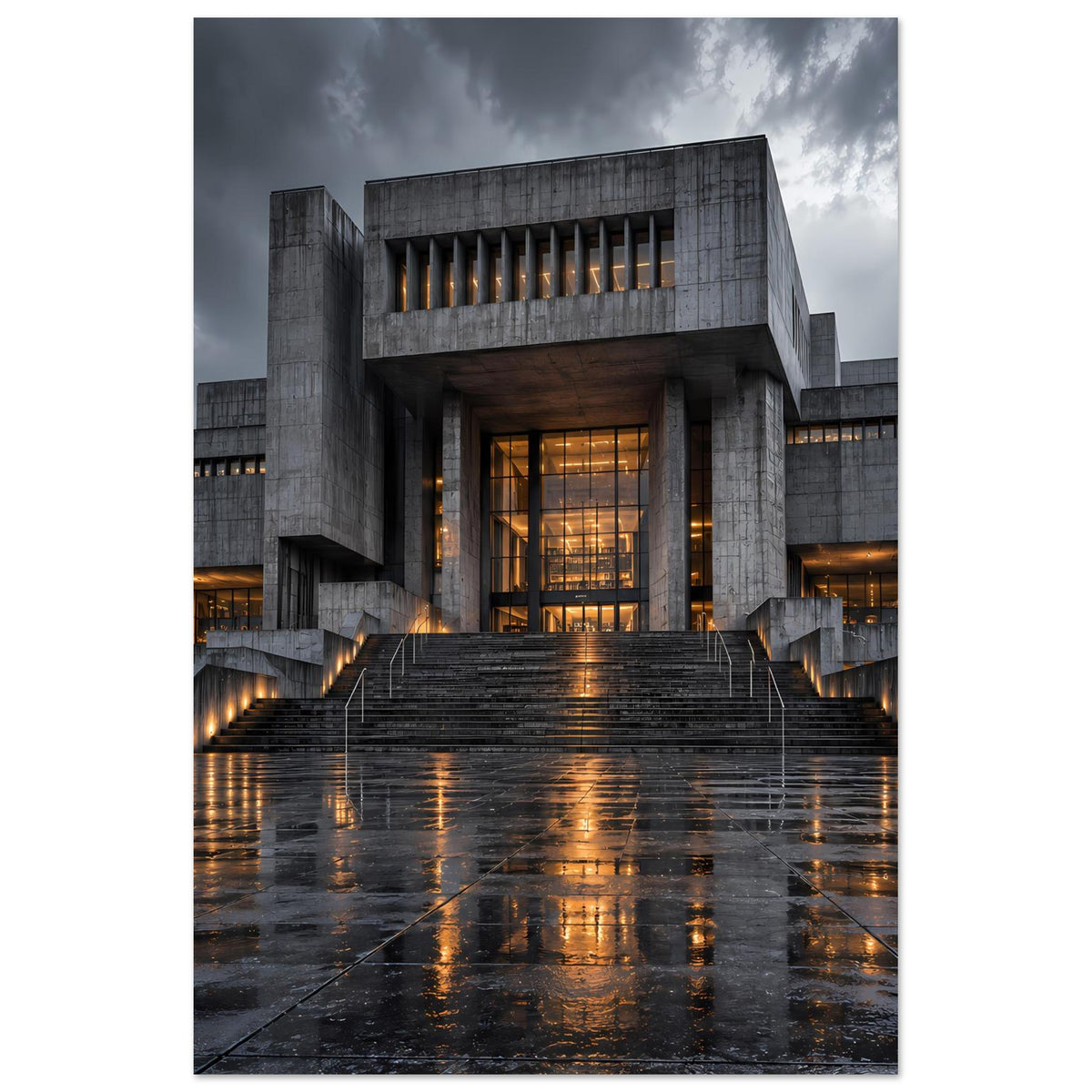Architekturposter im Hochformat mit Betongebäude, Treppe und leuchtenden Innenbereichen