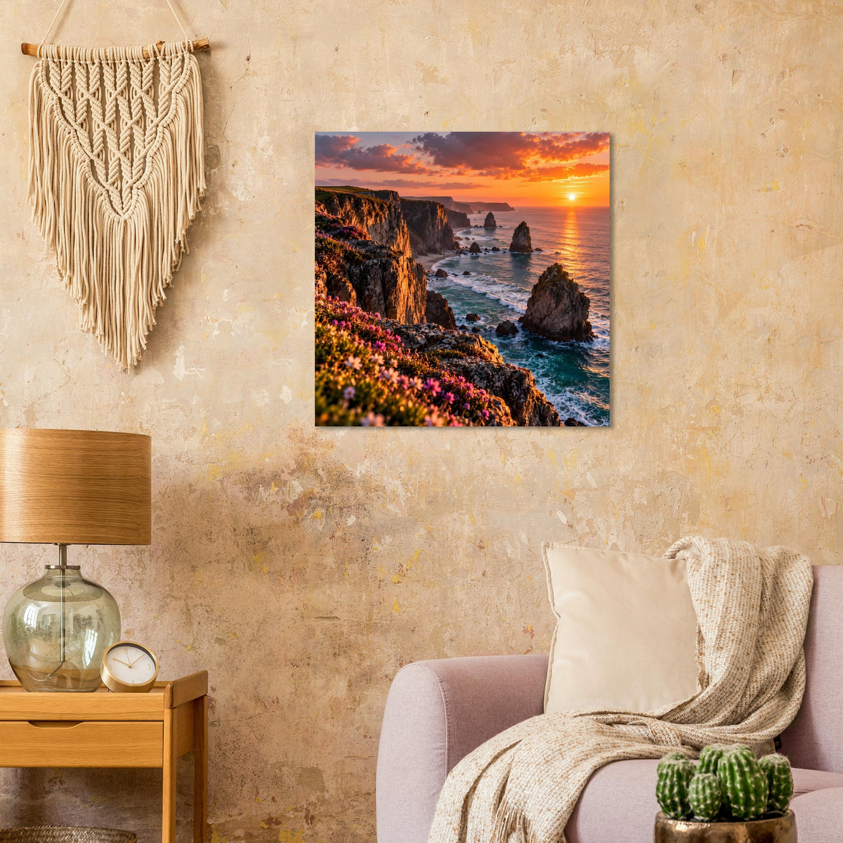 Gerahmtes Küsten-Sonnenuntergangs-Poster mit Küstenlinie, Felsen und warmem Himmel, quadratisch