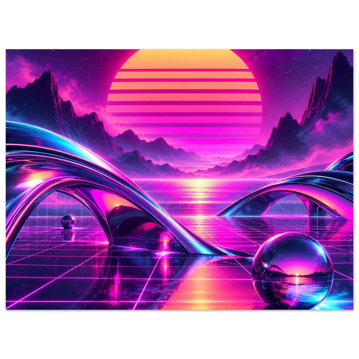 Breites Retro-Science-Fiction-Poster mit großer Sonne, Neonstraßen, Bergen, Tunnelportalen und Kugel